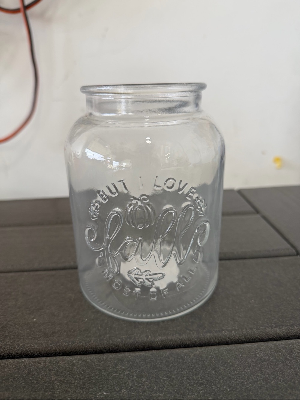 Clear Embossed Glass Jar "Fall"